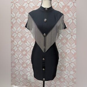 Elegant Black Dress with Silver Fringe XS/Sm